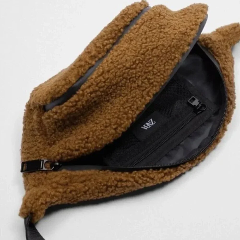 Zara Man Camel Brown Faux Shearling Belt Bag SIZE M 3507/921/117